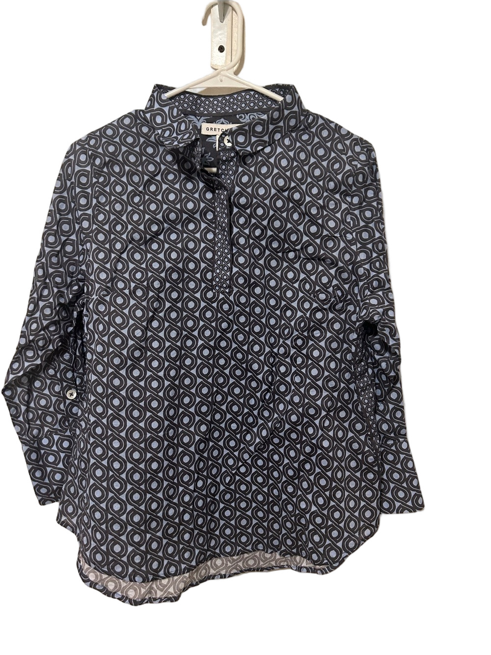 🧸GRETCHEN SCOTT blue & Grey Geometric Pullover Blouse size M GUC - Picture 1 of 9
